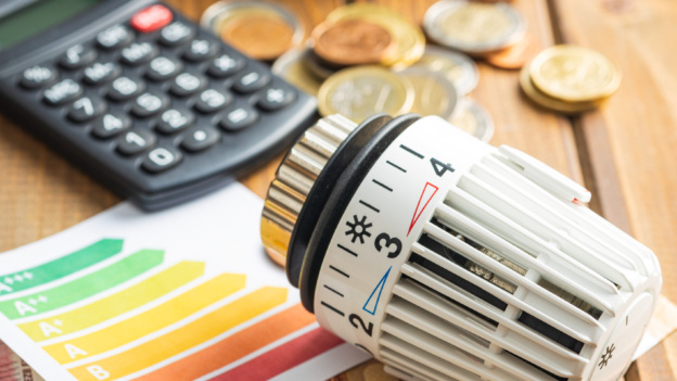Thermostatic valve head, euro money and energy label on wooden table. Thermostatic valve head, euro money and energy label on the wooden table. Concept of increasing electricity prices.